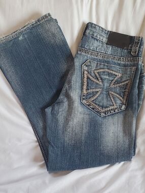 CJ Black Distressed Bootcut Blue Denim Jeans with Contrast Stitching. Sz 34x30